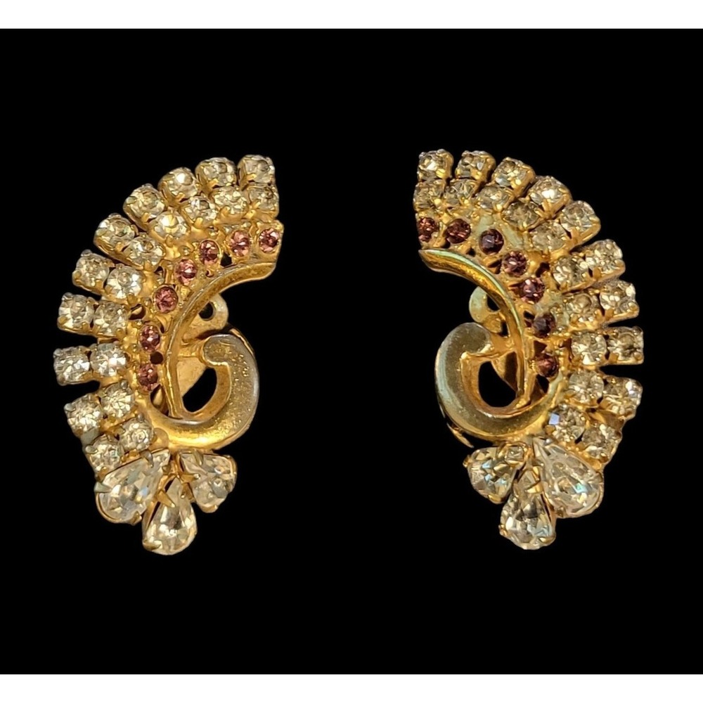 Vintage Rhinestone Statement Climber Clip-On Earrings Gold Tone Purple Unsigned